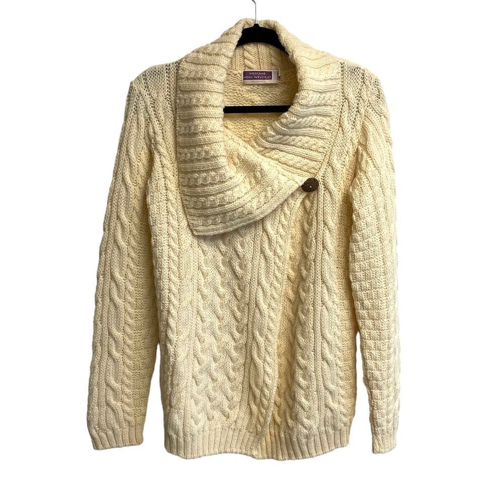 HIGHLAND HOME INDUSTRIES Vintage Wool Cable Knit Cardigan Sweater Cream S